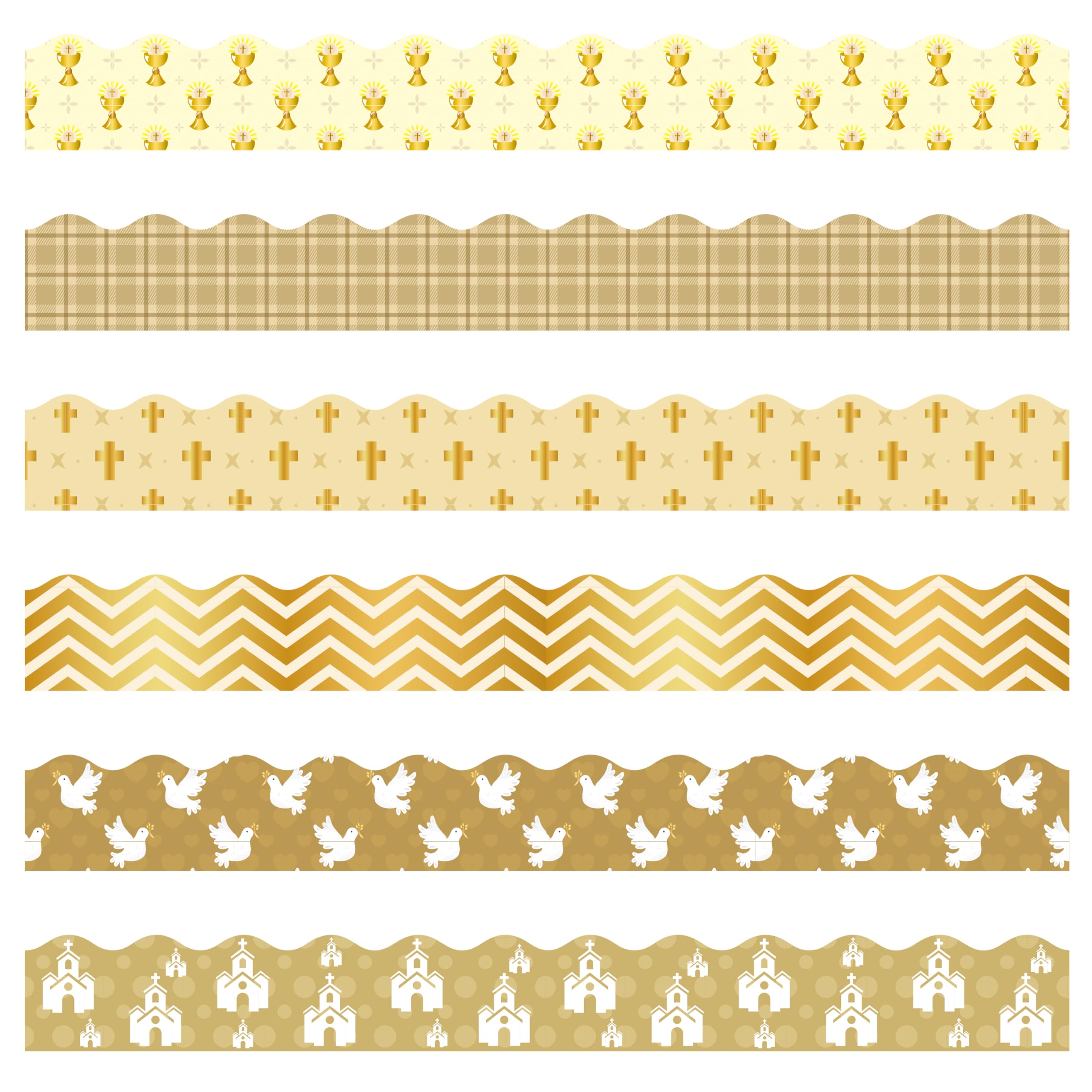 BeYumi 96Pcs Back to School Glitter Gold and White Cross Christian Religious Bulletin Board Borders Khaki God Faith Plaid Scalloped Border Trim Church