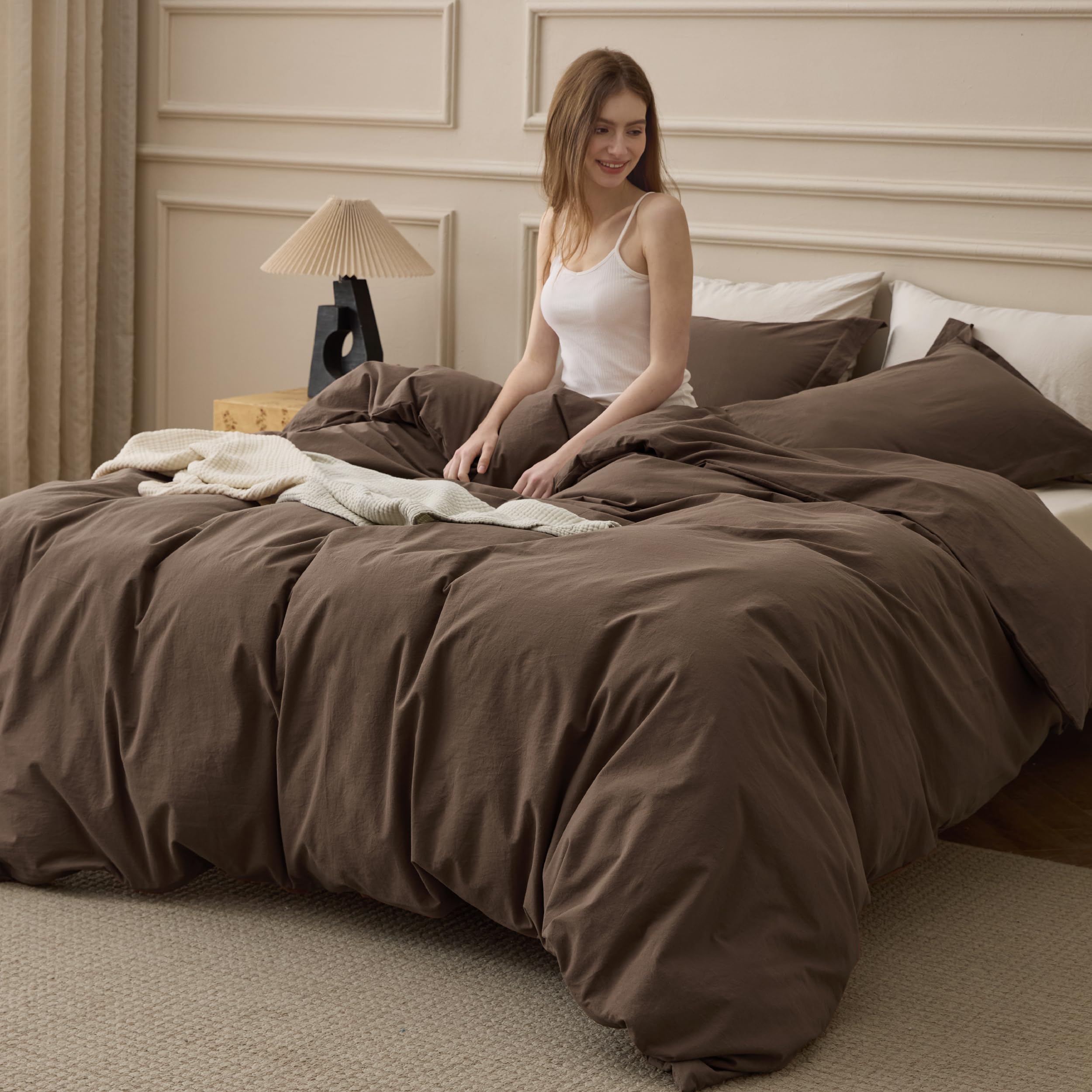 Photo 1 of Bedsure 100% Washed Cotton Duvet Cover King Size - Brown Minimalist Bedding Set Linen Like - PureWoven Plain Simple & Soft Comforter Cover for All Seasons (Brown, King, 104"x90")