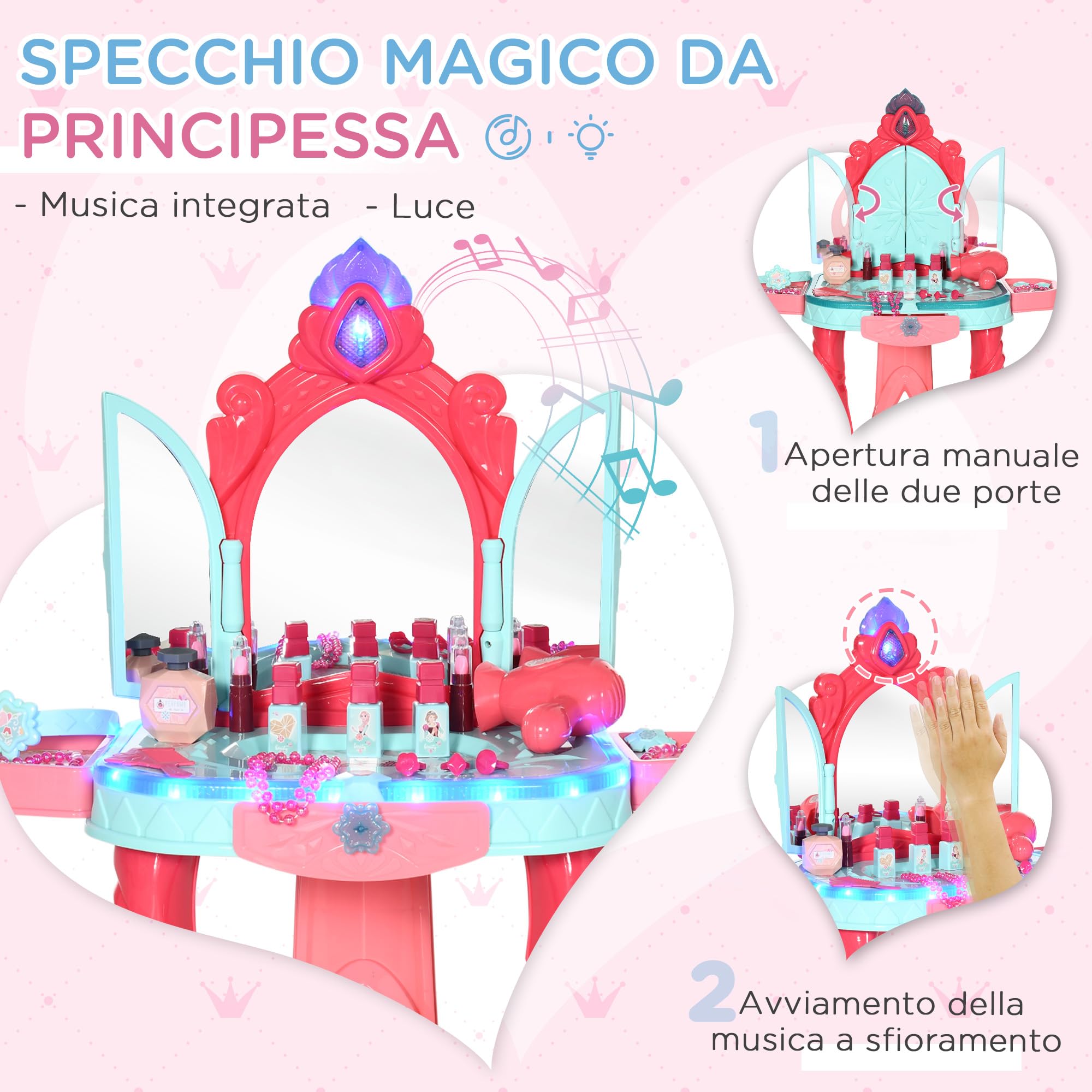 AIYAPLAY Tavolino Toeletta per Bambine con Sgabello, Specchio, Luci e Accessori, Tavolo da Trucco in PP e GPPS, 57x34x76 cm, Blu Rosa e Rosso