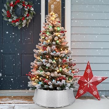 Christmas Tree Collar with Lights Tree Ring Skirt Shiny Prelit Christmas Tree Base Collars with 17 Light Modes for Artificial Xmas Pencil Trees Decorations, 24 Inch, Silver