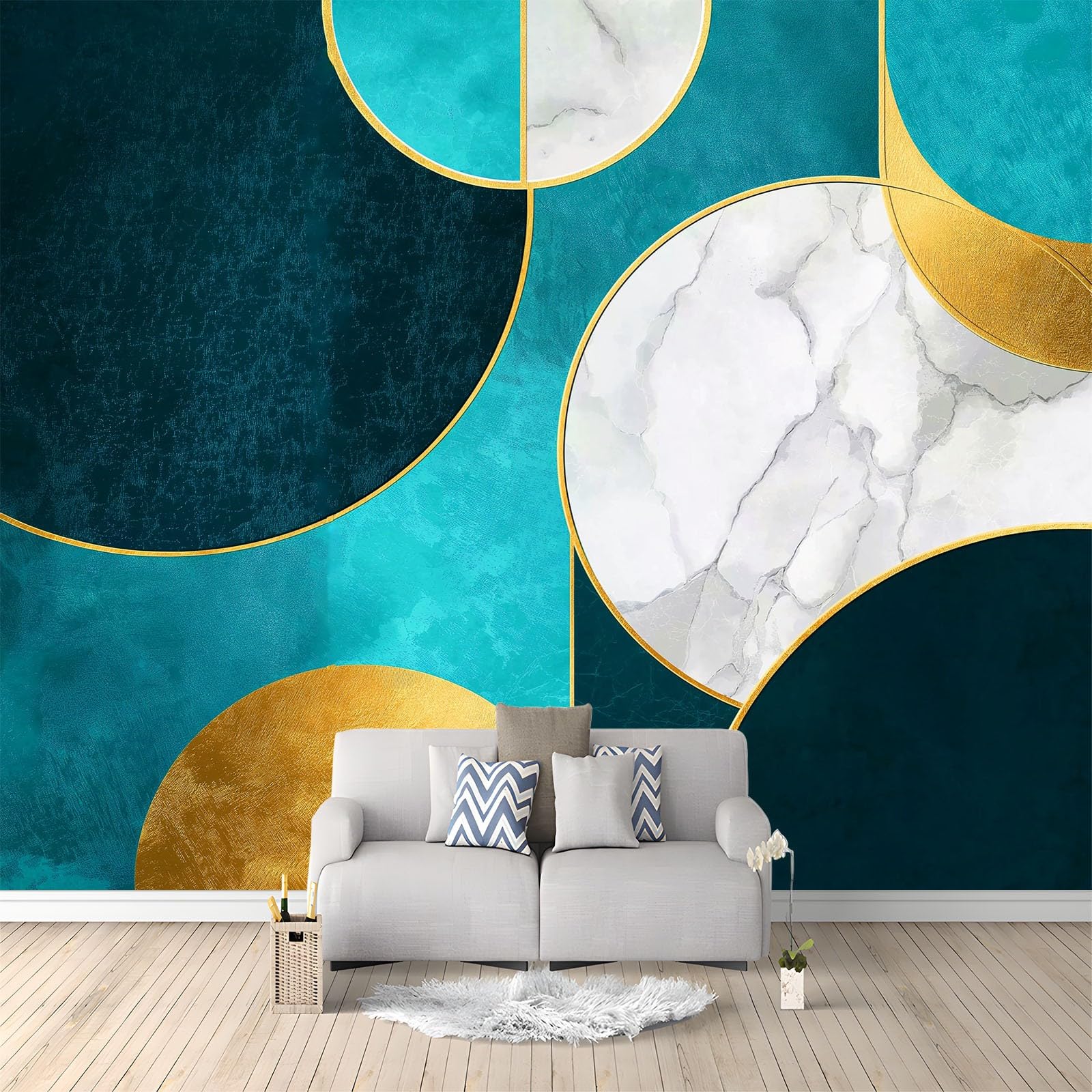 Papier peint intissé salon abstrait et grand tableau mural moderne