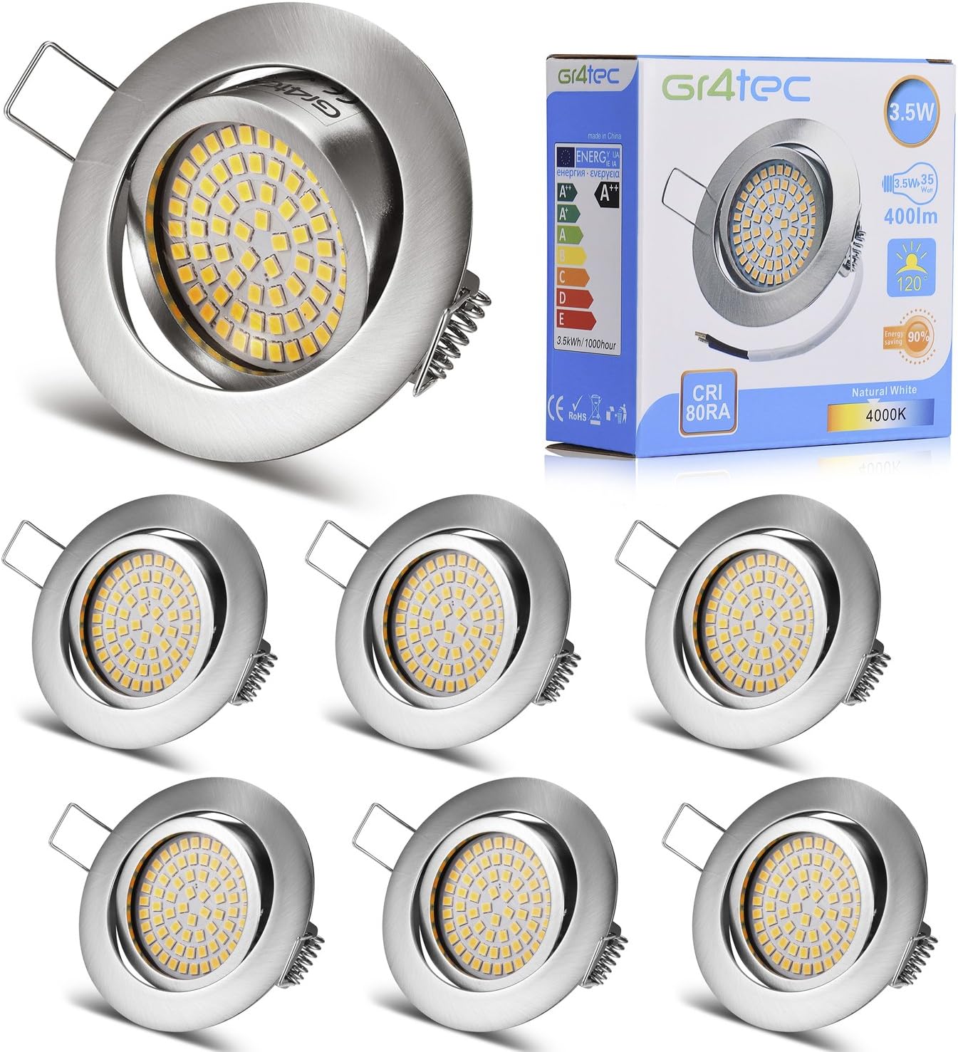 LED Recessed Light Warm White Neutral White, aluminium zinc, Neutralweiss Metall 3.50 wattsW 230.00 voltsV [Energy Class A++]