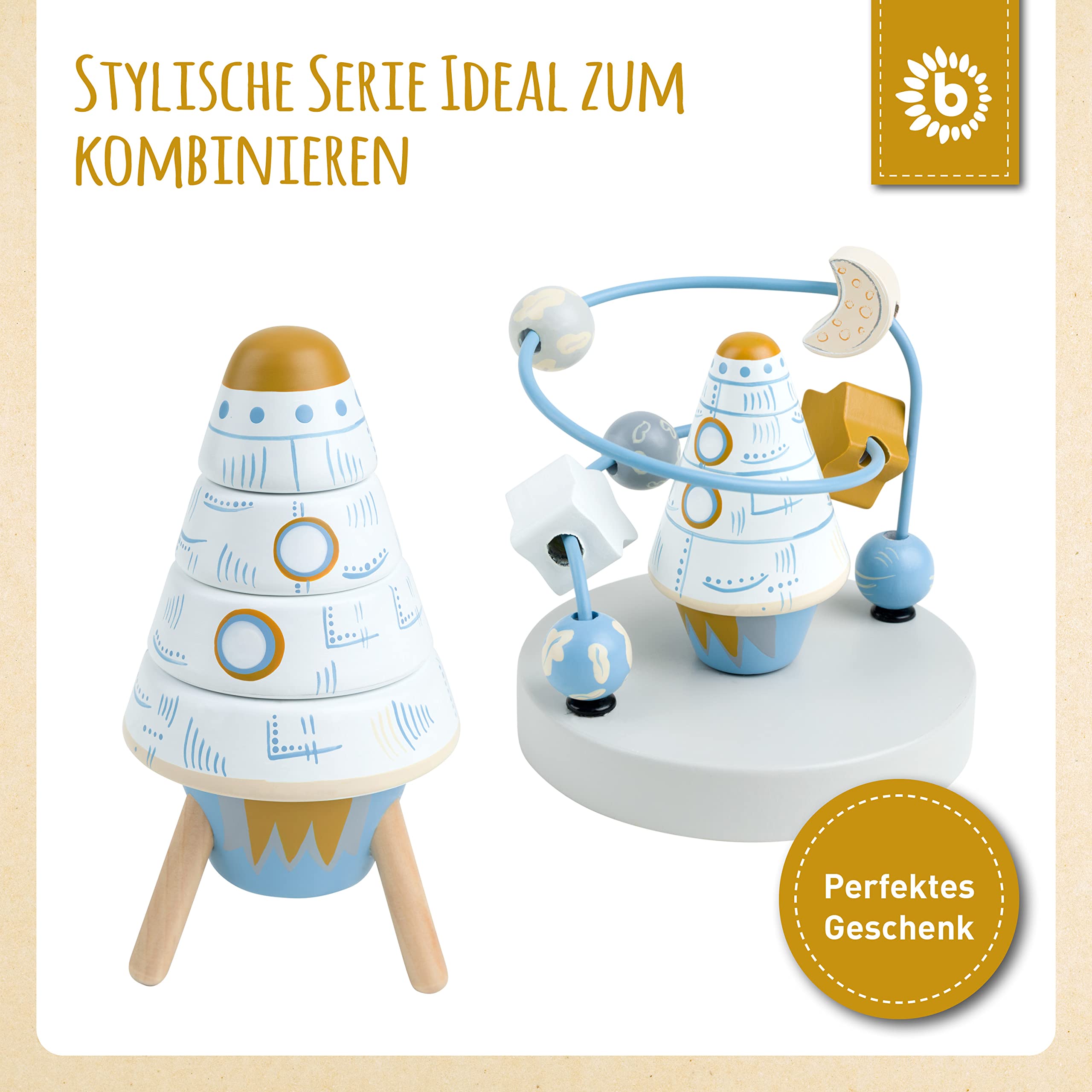 Bieco Motorikschleife Rakete | Motorikspielzeug ab 1 Jahr | Niedliches Labyrinth Spiel in Raketen Design | Motorikspielzeug Baby in frischen Farben | Holzspielzeug Baby | Lernspielzeug aus Holz