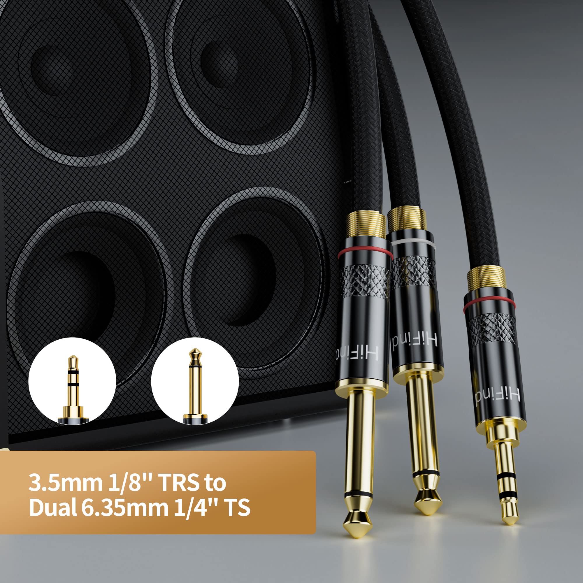 HiFind Cavo audio stereo da 3,5 mm a doppio 6,35 mm, 3,5 mm, 3,5 mm TRS maschio a 2 x 6,35 mm TS maschio, cavo bidirezionale per chitarra, teatro, altoparlante