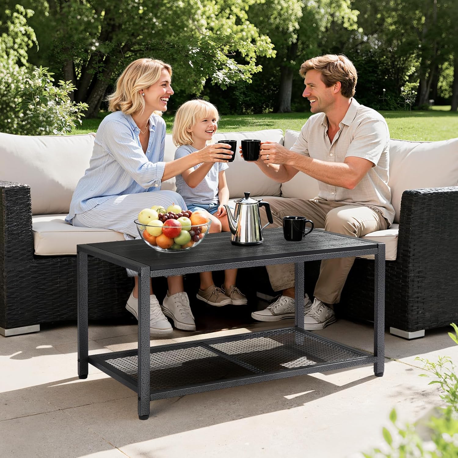 VINGLI Outdoor Coffee Table with Double-Layer Storage, Rectangle Weather-Resistant Patio Coffee Table for Garden, Balcony, Hot Tub, Poolside, Heavy-Duty Metal Frame, Black