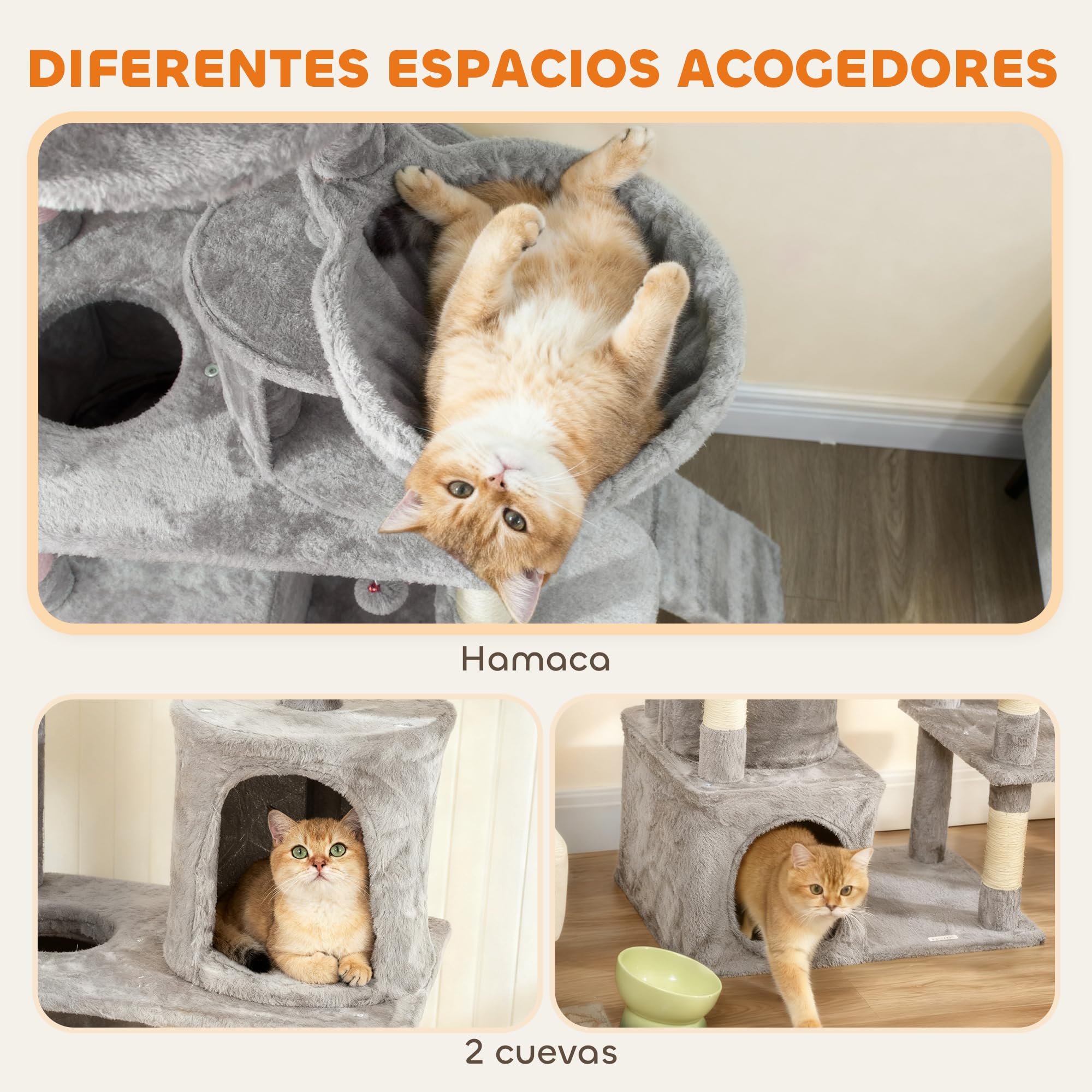 PawHut Árbol Rascador para Gatos Grande Torre de Escalada 170 cm Gris Claro | Árbol para Gatos, 7 Postes, 1 Túnel, 3 Plataformas, 2 Cuevas, 1 Hamaca, 1 Percha, 1 Rampa, Pompones