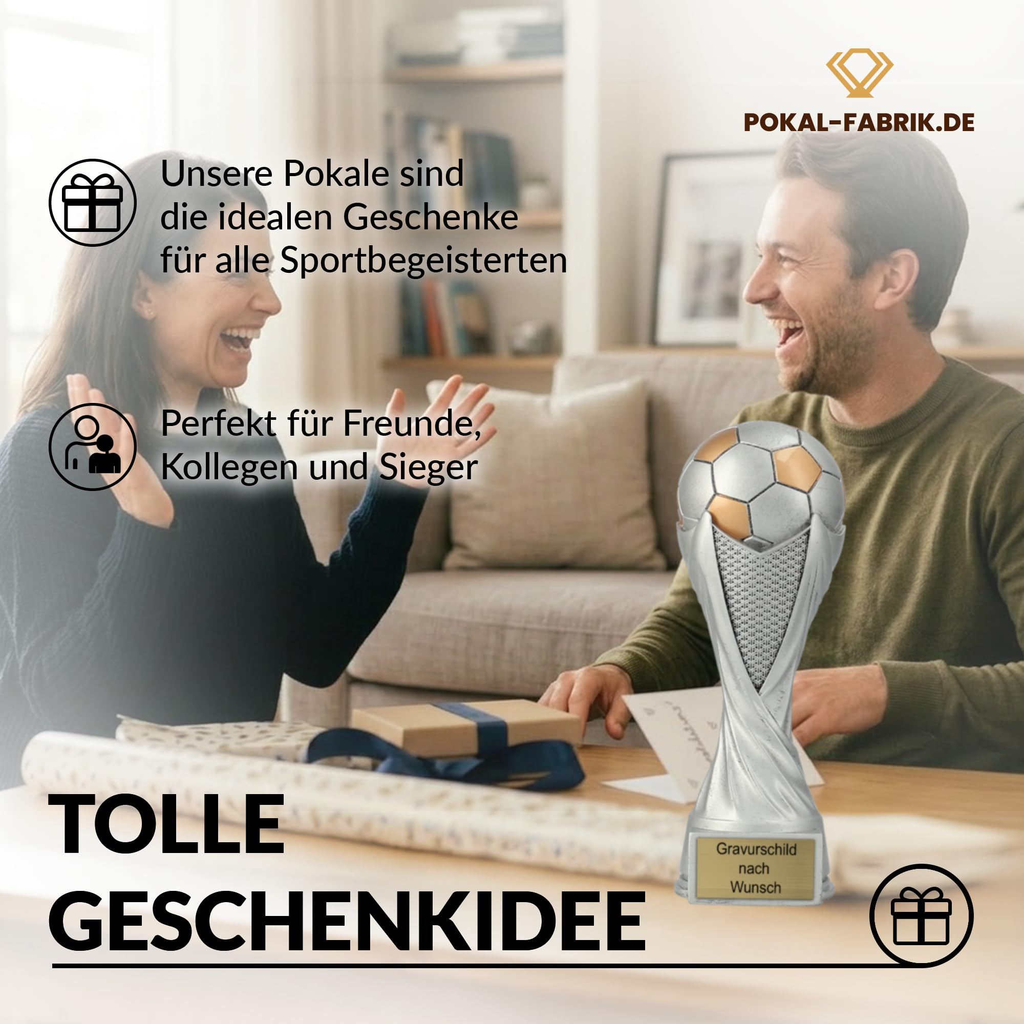 Pokal-Fabrik - Fußball Pokal mit Gravur Wunschtext 21 cm Resin Sportfigur – personalisierte Geschenk-Trophäe für Fussball WM, Sport Events, Wanderpokal und Kindergeburtstag
