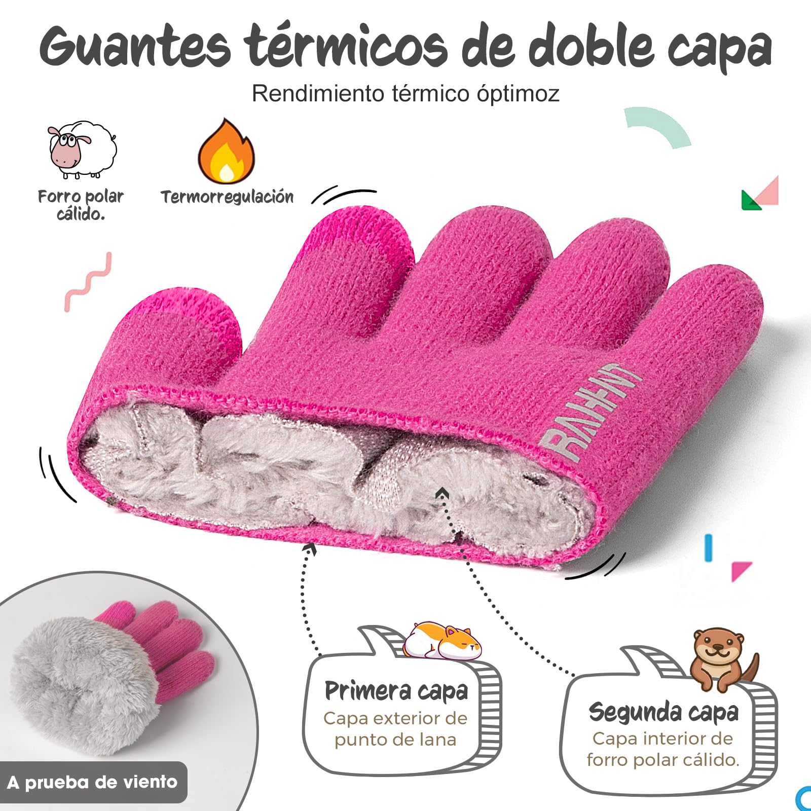 Rahhint Guantes Lana Invierno Termicos para Niños y Niñas 4-15 Años con Punto Pequeños Forro Polar Aislado