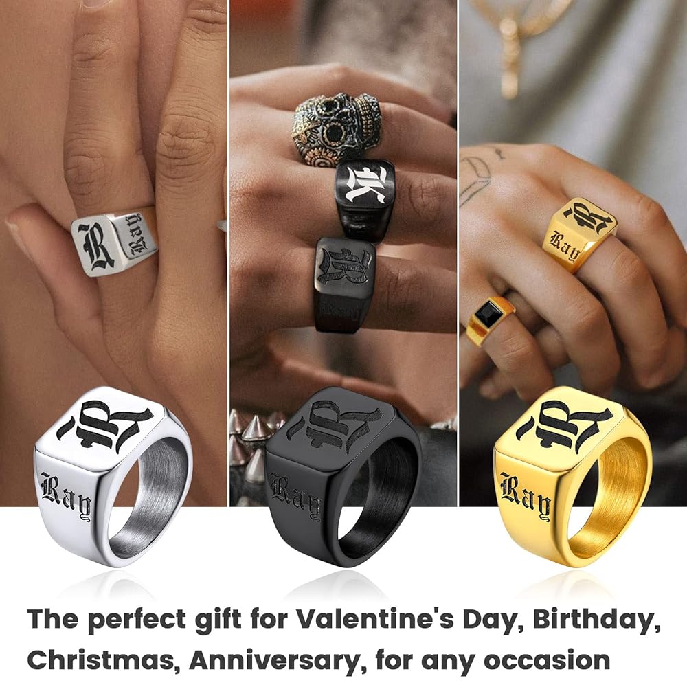 Bague Homme Chevaliere Noire, 18K Argent Plaqué, Acier