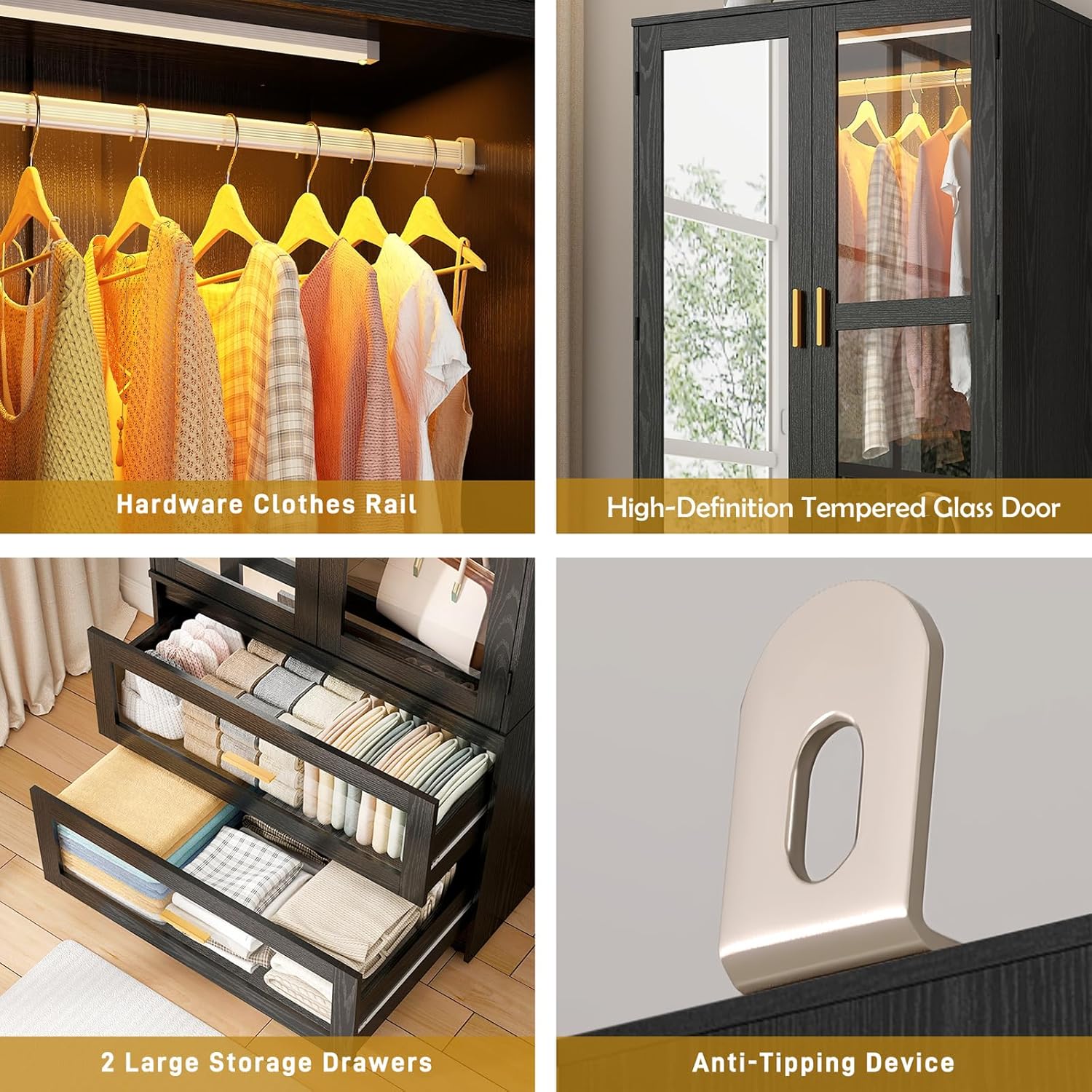 Diagram illustrating the different functional storage areas within the wardrobe: a top box area for rarely used items, a hanging area for dresses and jackets, and two drawer storage areas for shirts, socks, and underwear.