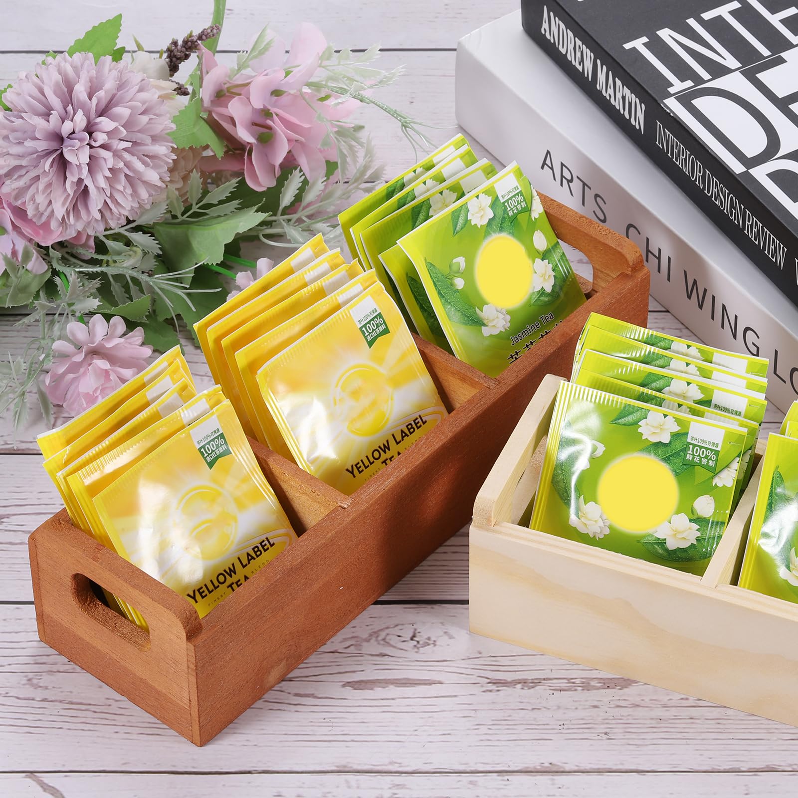 QUARKZMAN Organizador de Bolsitas de Té, Caja de Té de Madera de Pino con 3 Compartimentos Y Asa, Organizador de Almacenamiento de Té para Bolsitas de Té, Negro