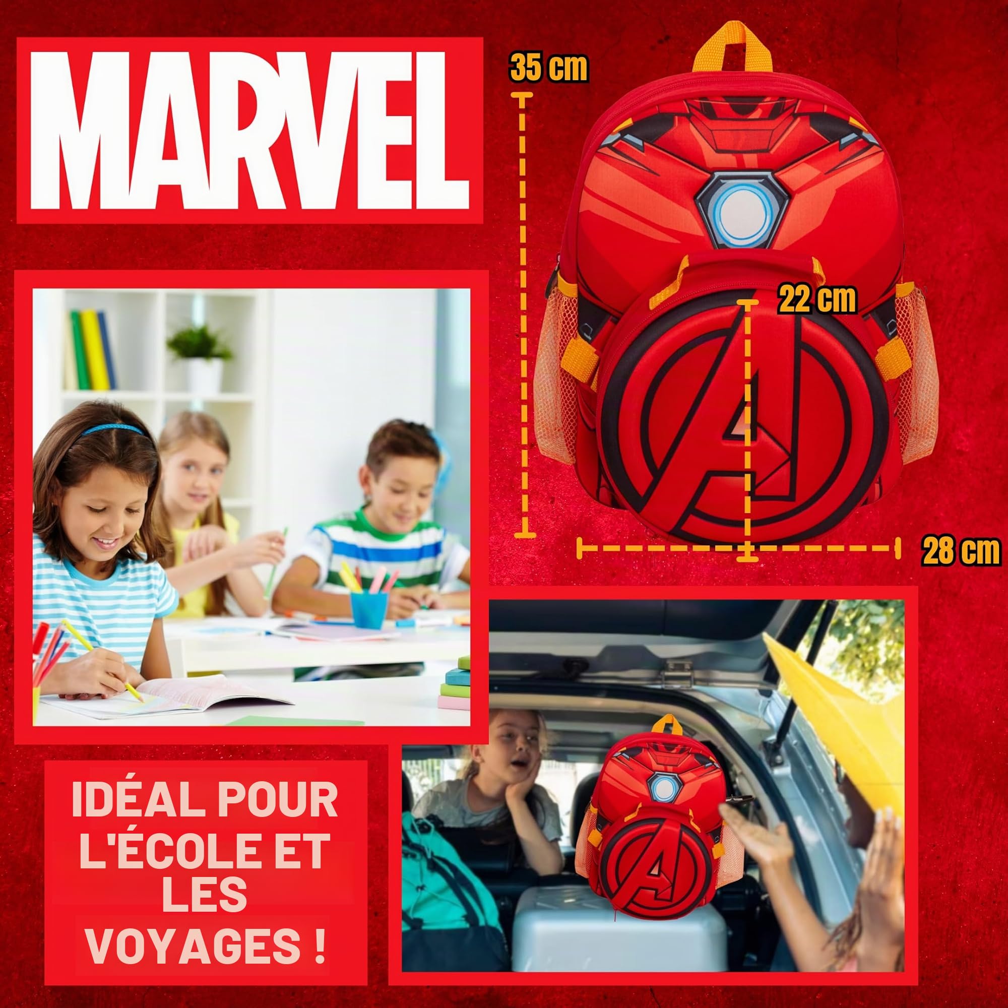 Marvel Sac à dos Iron Man pour enfant avec sac à déjeuner amovible et porte-bouteille d'eau assorti 2 pièces
