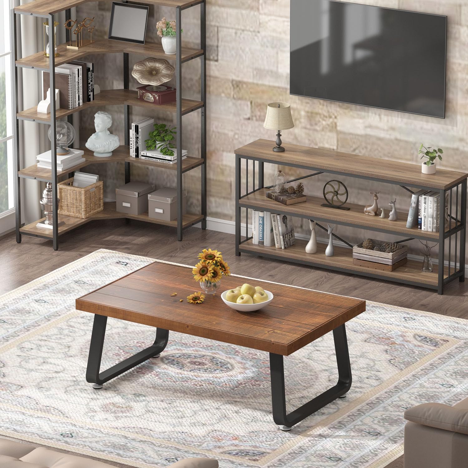 IBF Mesa de centro rústica, mesa de té industrial de madera maciza, mesa de centro de madera real de granja, mesa de cóctel rectangular minimalista moderna, 39 pulgadas