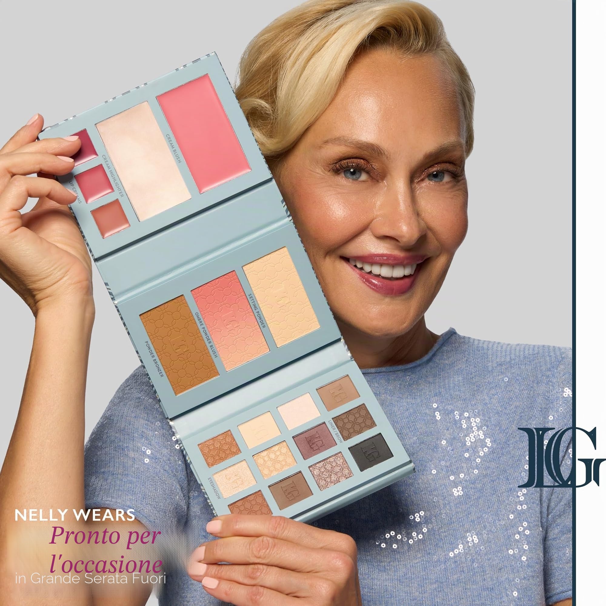 Laura Geller Beauty RSVP-Ready Big Night Out Full Face Travel Makeup Palette - Set tutto in uno che include ombretti, eyeliner, fard, bronzer, illuminante, cipria fissante e creme per labbra