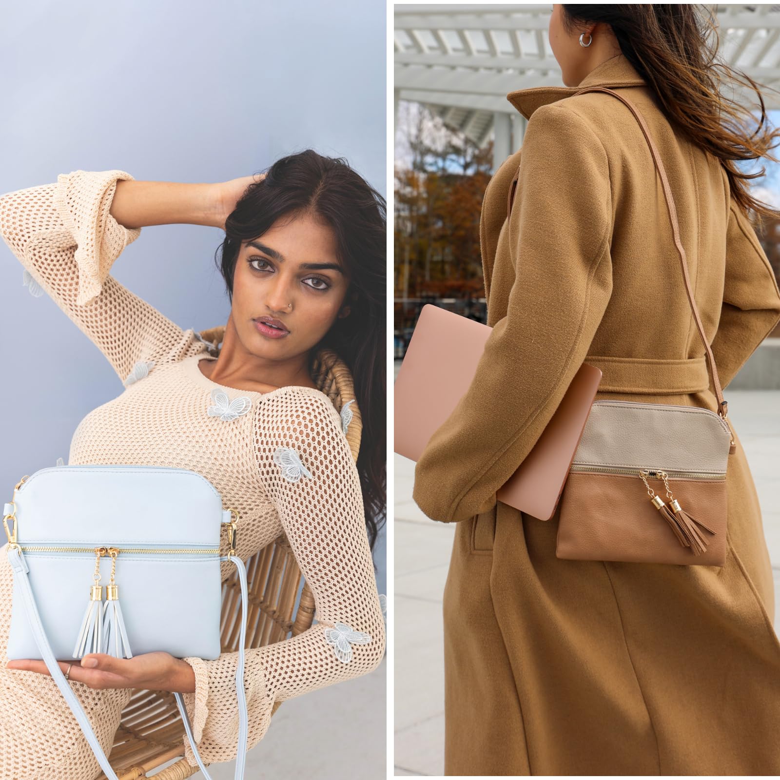 Tara Vegan Leather Crossbody Bags Wristlet Wallets Clutch Purses Shoulder Handbag with Tassel Zippers for Women, Diamond-Beige