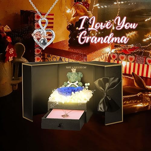 Miniatura 127 de ADDWel Rose Gifts for Women - Preserved Real Roses Forever Purple Flowers with I Love You in 100 Languages Necklace and Cute Moss Bear for