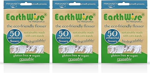 EarthWise - Púas de hilo dental natural, 50 unidades (paquete de 3) - Hilo dental biodegradable, ecológico, vegano, sostenible, sin sabor,