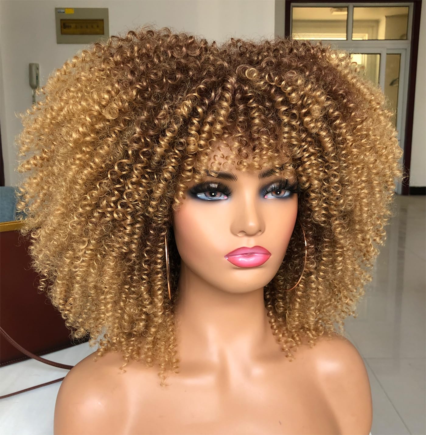 ISAMY 14inch Afro Bomb Curly Wigs for Black Women Short Afro Kinky Curly Wig with Bangs Full Curly Wig (Ombre Blonde) - Image 3
