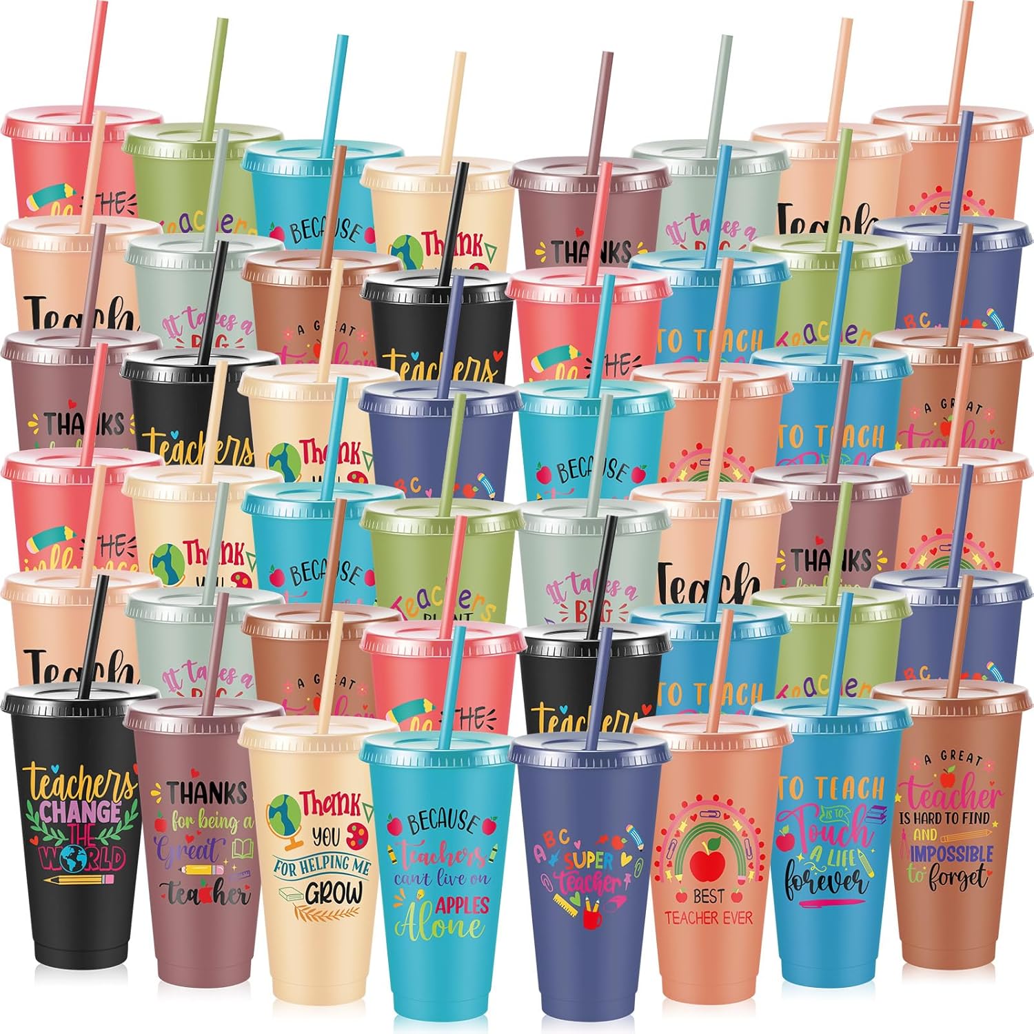 Chuangdi 48 Pcs Inspirational Teacher Appreciation Gifts Bulk for Women from Students, 24 oz Plastic Thank You Teacher Cups Tumblers, Graduation End of Year Gifts for Women (Colorful,Mixed)