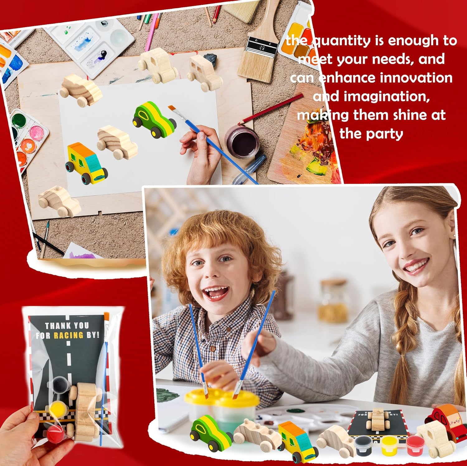 100 Pcs Race Car Painting Party Favors Kit Include 20 Unfinished Wood DIY Car Toys with 20 Watercolor Paint 20 Brushes 20 Thank You Cards and 20 Clear Packaging Bags for Kids Two Fast Party Supplies - Image 4