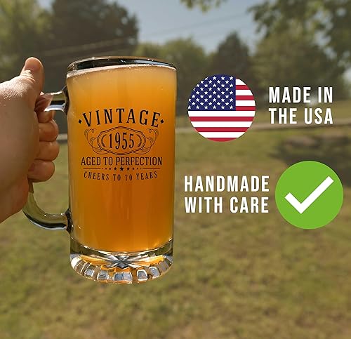 Miniatura 4 de Taza de cerveza de vidrio con estampado de oro rosa vintage de 1954 de 16 onzas, regalos de feliz cumpleaños 70 para hombres y mujeres, saludos a