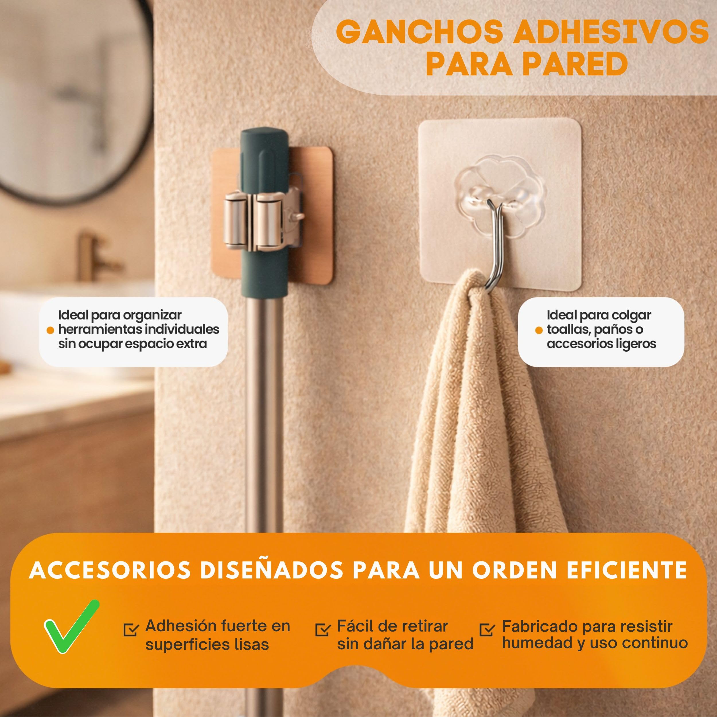 Pack Colgador Escobas y Fregonas + 1 Soporte Escobas Pared Adhesivo + 4 Ganchos | Acero Inoxidable Apto Exterior | Instalación con o sin Taladro (Incluye Adhesivo y Tornillería) | Hasta 15kg — view 7