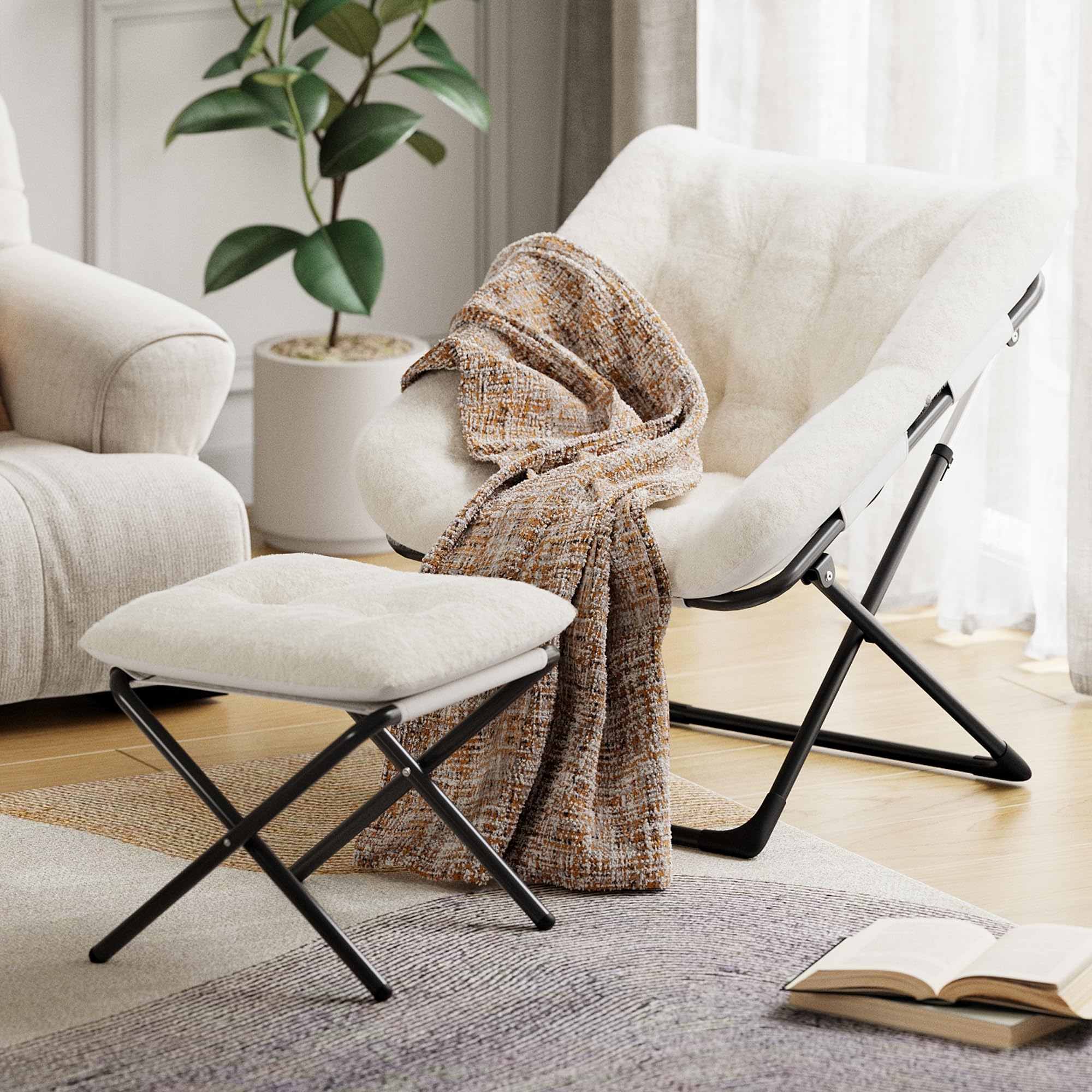 WEJIUAFB Moonchair Klappbar mit Hocker,Kuschelsessel,Plüsch Klappsessel,XL Lesesessel Klappbar,Plüsch Papasan Relaxsessel aus Kunsthasenfell, Faulenzer Lesesessel für Schlafzimmer Studentenwohnheim Küche, Haushalt & Wohnen