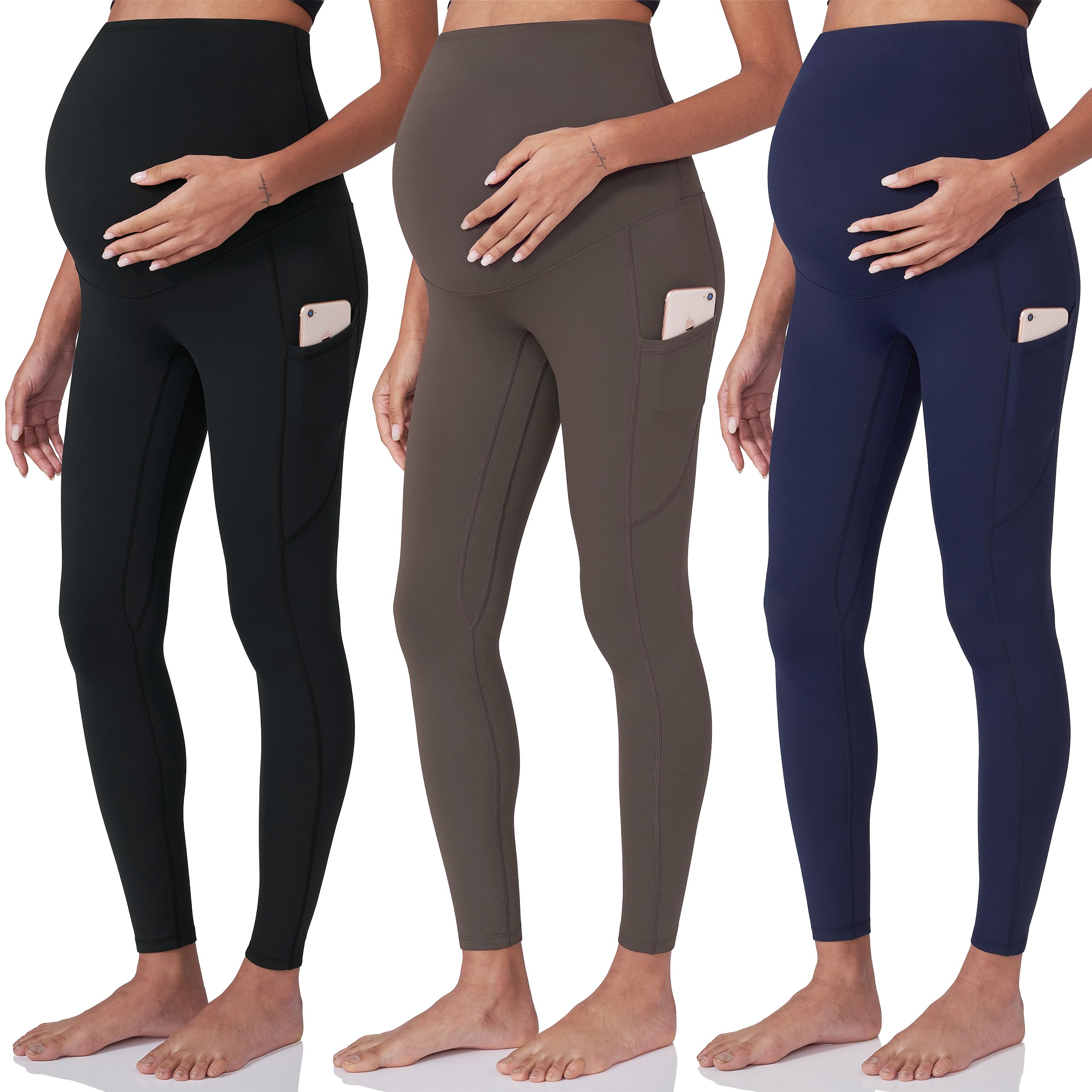 POSHDIVAH 3 Pack Womens Maternity Workout Leggings Over The Belly Pregnancy Yoga Pants with Pockets