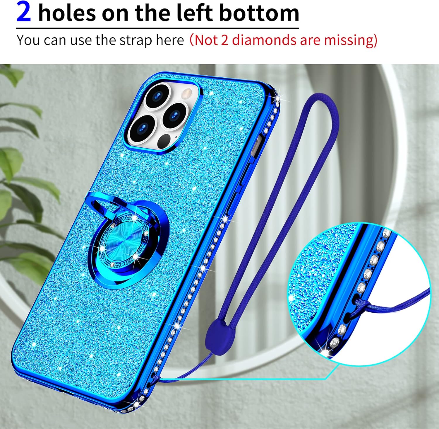 OCYCLONE Compatible with iPhone 13 Pro Case, Glitter Diamond Cover with Ring Stand Cute Protective Phone Case for Women Girls Compatible with iPhone 13 Pro 6.1 inch 2021 - Navy Blue