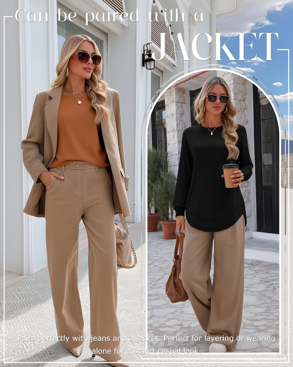 Ficerd 3 Pack Women's Long Sleeve Shirts, Cotton Crew Neck Tunic Tops Casual Loose Fit Pullover Sweatshirts Curved Hem Shirts - Image 2