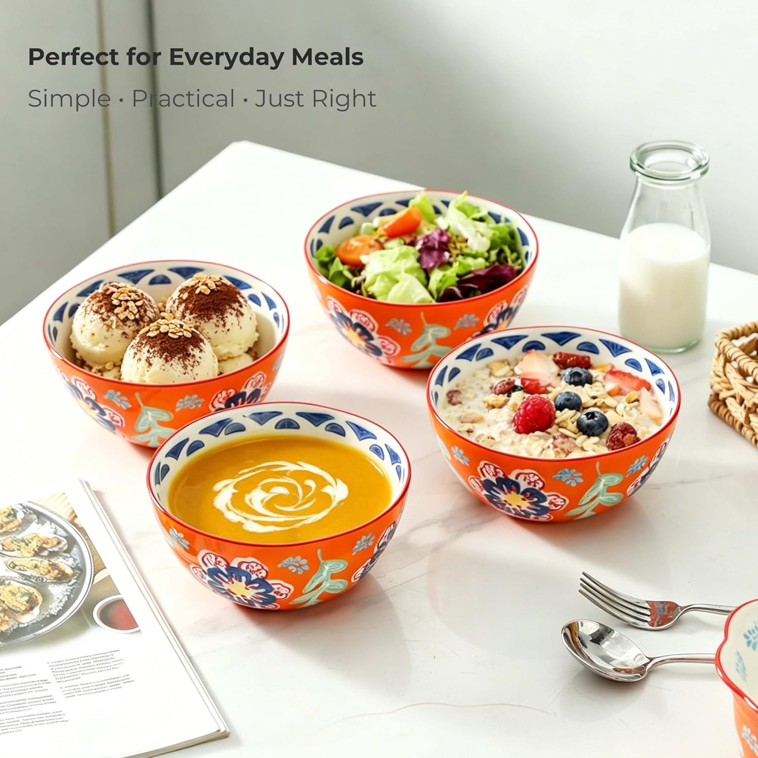 UniqueLife Hand-Painted 6" Cereal Bowls Set of 4, 17/24 Oz Ceramic Soup Bowls, Assorted Designs, Microwave Dishwasher Oven Safe, Organic Shape for Oatmeal, Salad, Rice & Ramen – Warm Orange
