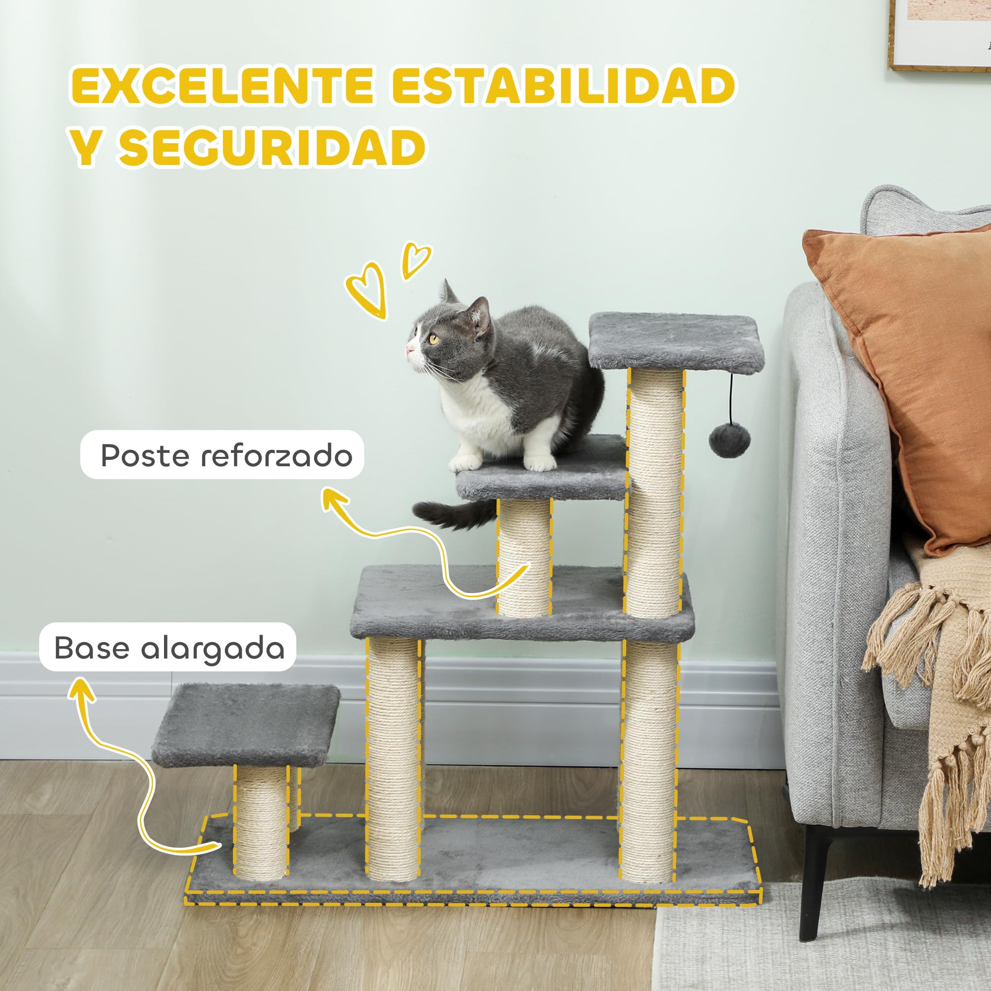 PawHut Escalera para Mascotas Ajustable de 3/4 Peldaños, Escalera para Gatos con Postes Rascadores y Bola Colgante, para Alféizares, Sofá y Cama, Gris
