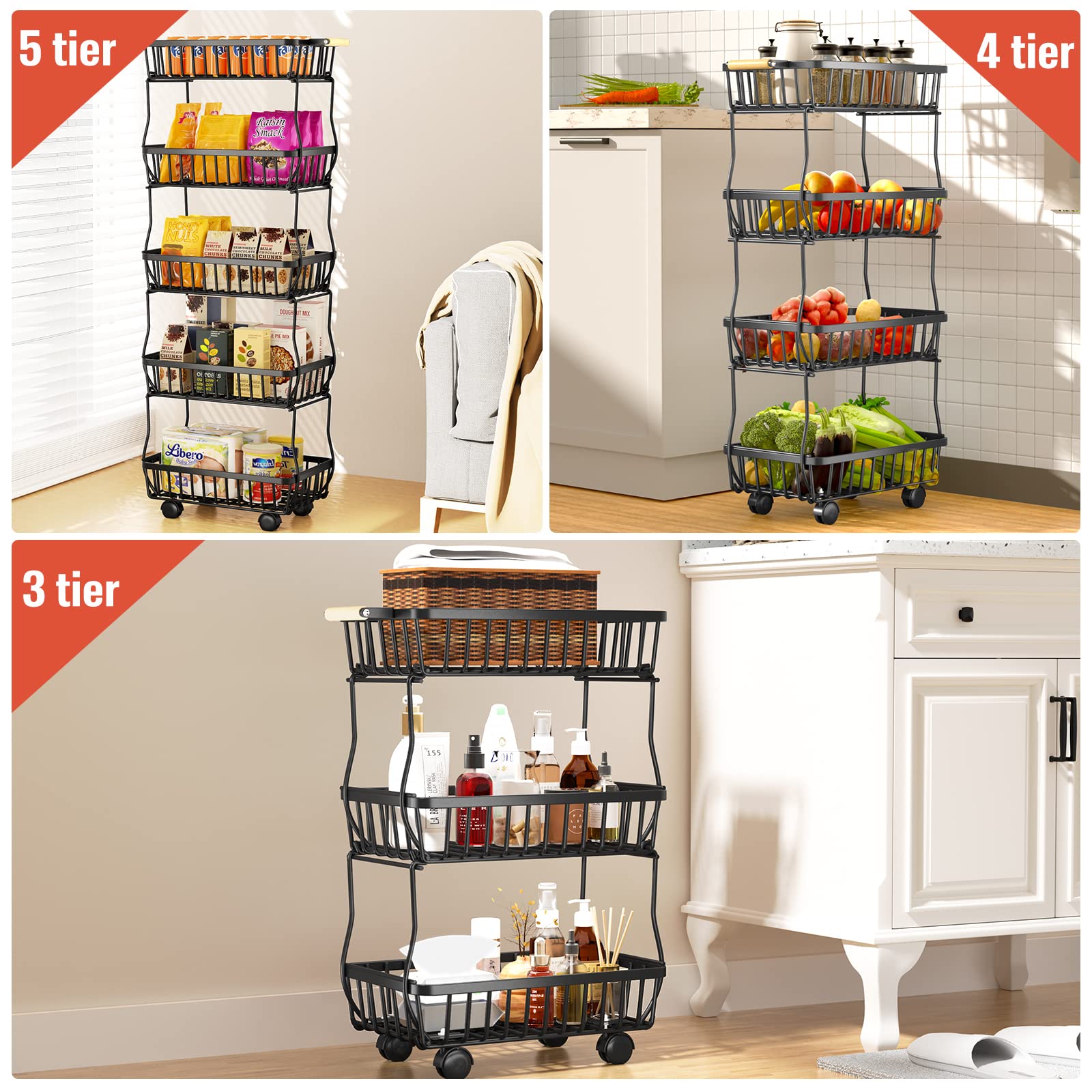 Fruit Vegetable Basket, 4 Tier Fruit Vegetable Storage Cart, Vegetable Basket Bins Rack for Onions and Potatoes, Rolling Utility Cart for Kitchen Pantry Bedroom Living Room, with Handle