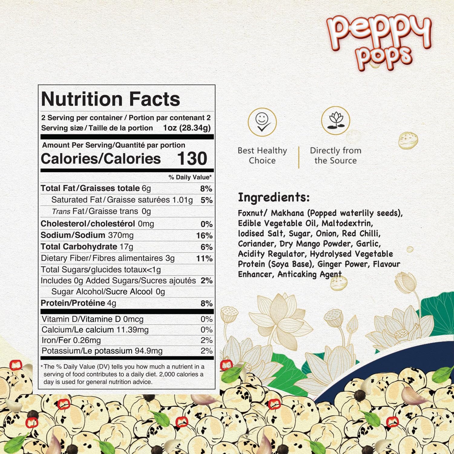 Peppy Pops | PACK OF 6, Magical Masala Roasted Foxnuts 2 oz (57 gm) – Crunchy Makhana Snack, Vegan Gluten Free Protein Snack Pack, Low Calorie Healthy Snack for Kids, Adults & Travel By Pride of India