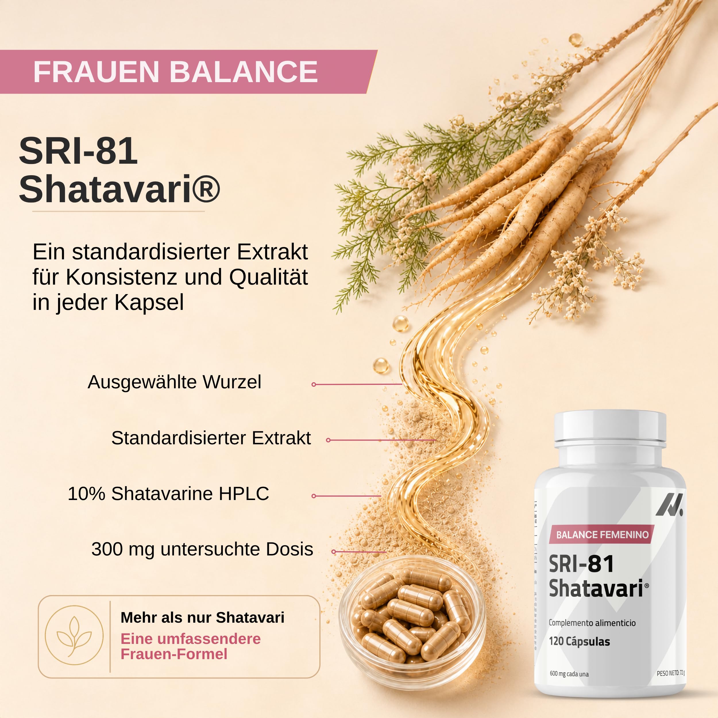 Shatavari SRI-81 Frauen | Balance und Vitalität in jeder Lebensphase | Mit Vitamin B6 und Zink | Patentierter Extrakt >10% Shatavarinen HPLC | Vegan, ohne Gluten und Laktose | Nyvos 120 Kapseln