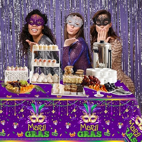 Miniatura 5 de CMUSKO 3 manteles de Mardi Gras, suministros para fiesta de máscaras, suministros de fiesta de Mardi Gras, cubierta de mesa de carnaval,