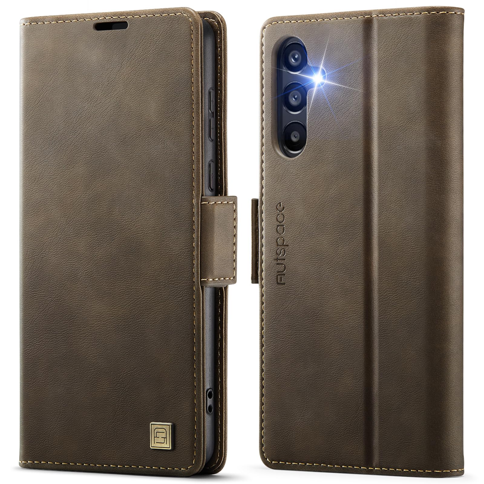 – for Samsung Galaxy A55, Premium Wallet Case Leather Flip Cover, with RFID Blocking Credit Card Holde, Flip Kickstand Protective Shockproof Cover - Coffee
