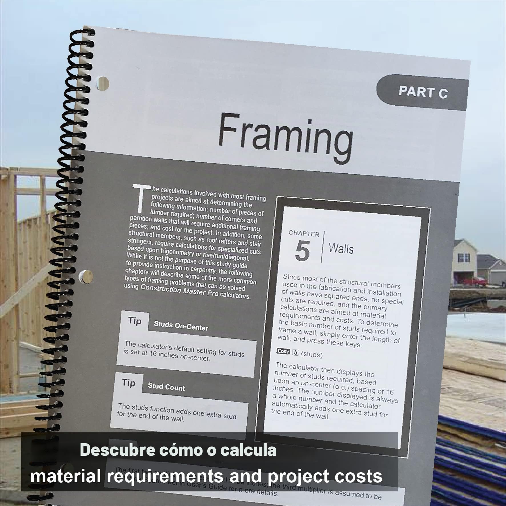 Calculated Industries 2140 Construction Master Pro - Libro de trabajo y guía de estudio | 4 secciones completas | Desarrollo del sitio | Pies, losas, paredes | Encuadre | Acabado | Problemas de