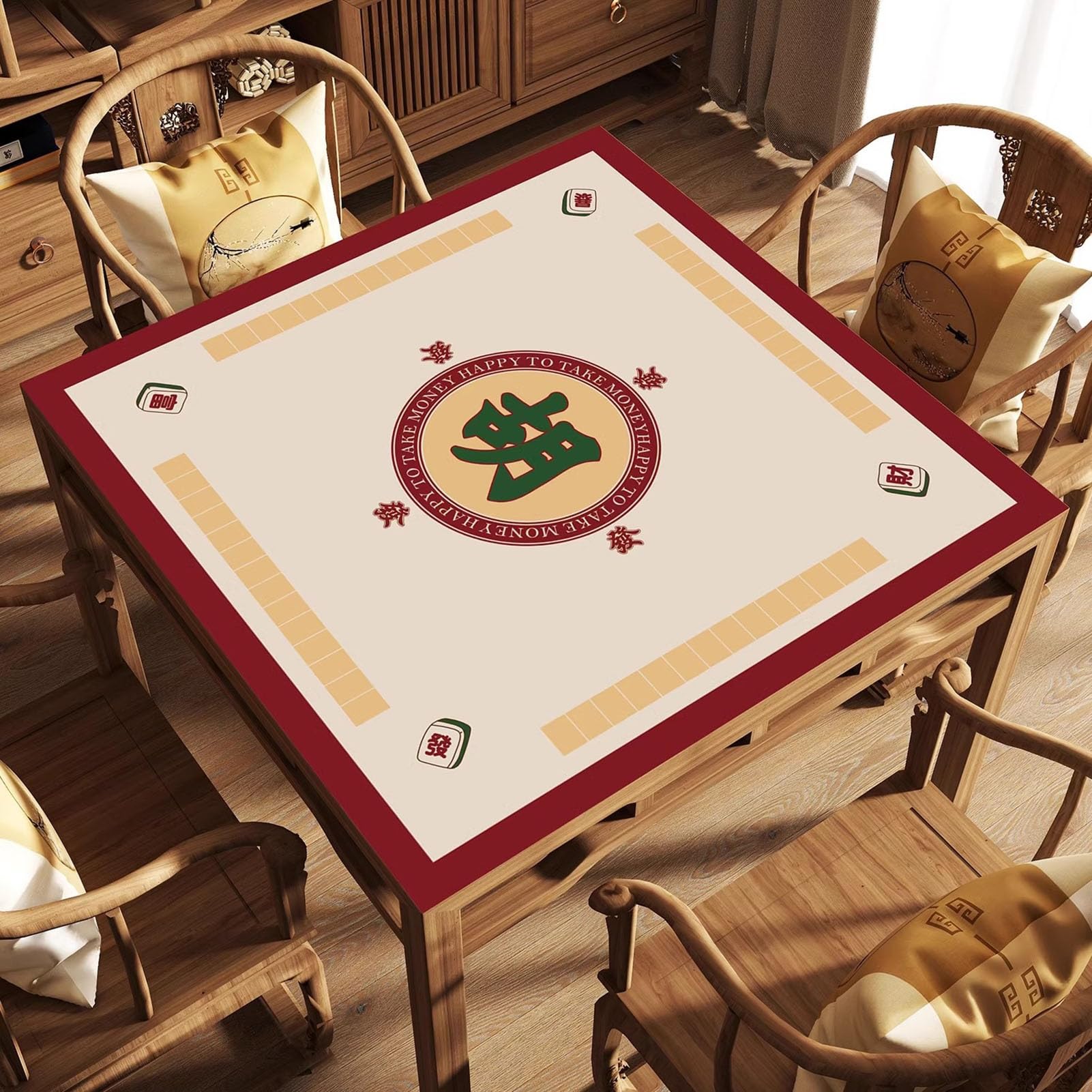 Mahjong-Tischdecke Gummi-Mahjong-Tischmatte Mit Regeln, Mahjong-Tischbezug for Poker-Karten-Mahjongg-Tisch-Gaming-Tisch(Red,39.4x39.4inch/100x100cm)
