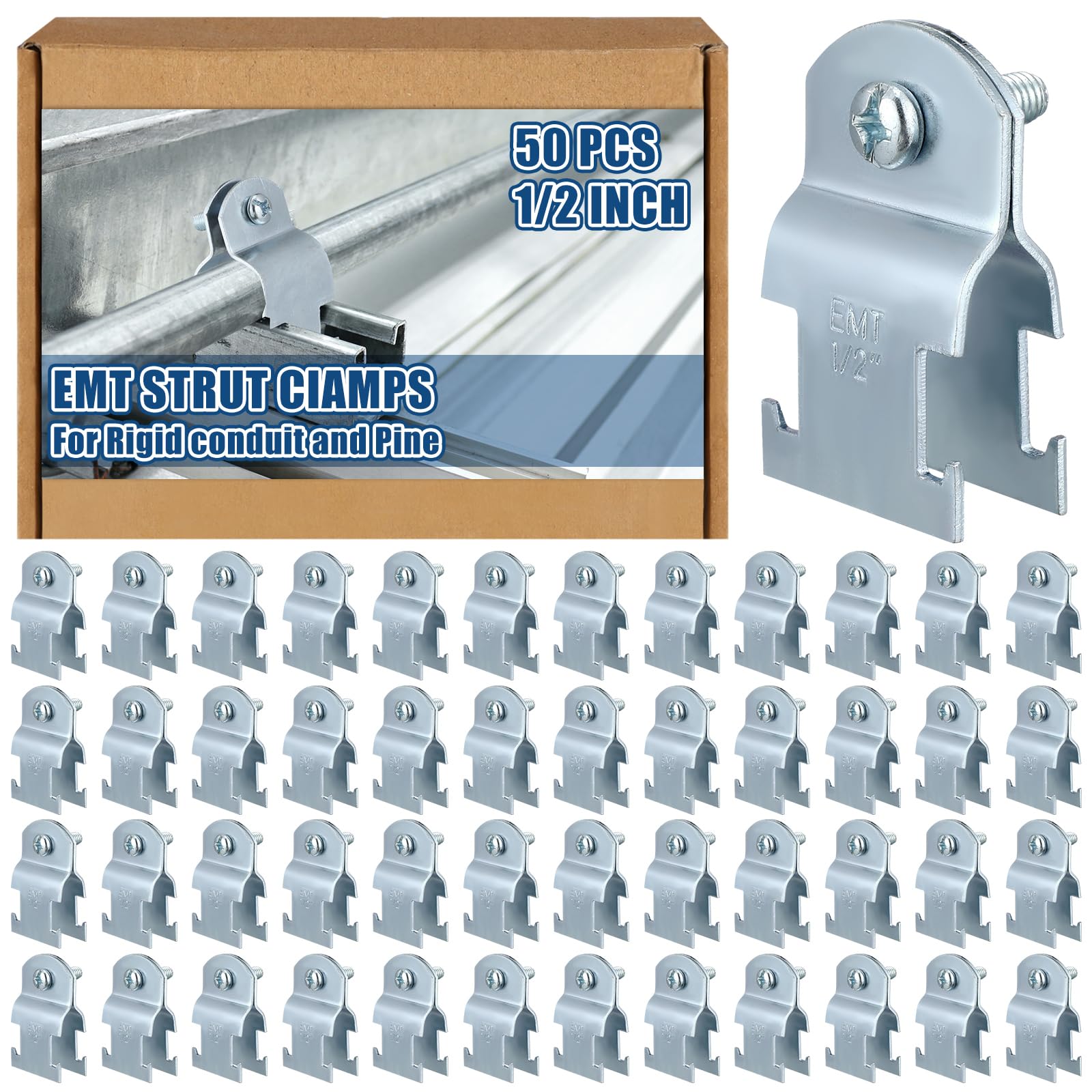 Landhoow Emt Pipe Universal Strut Clamps Strut Channel Accessory Electro Galvanized Conduit Clamp with Bolt and Nut, Rigid Pipe Tool(1/2 Inch,Silver,