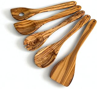 100% Olive Wood HAND MADE 5 Spoon Set | Ideal for Nonstick Cookware & Kitchen Utensils | Cooking, Baking & Serving | Eco-friendly & Handmade | 1 Spatulas & 4 Spoons (12-inches)…