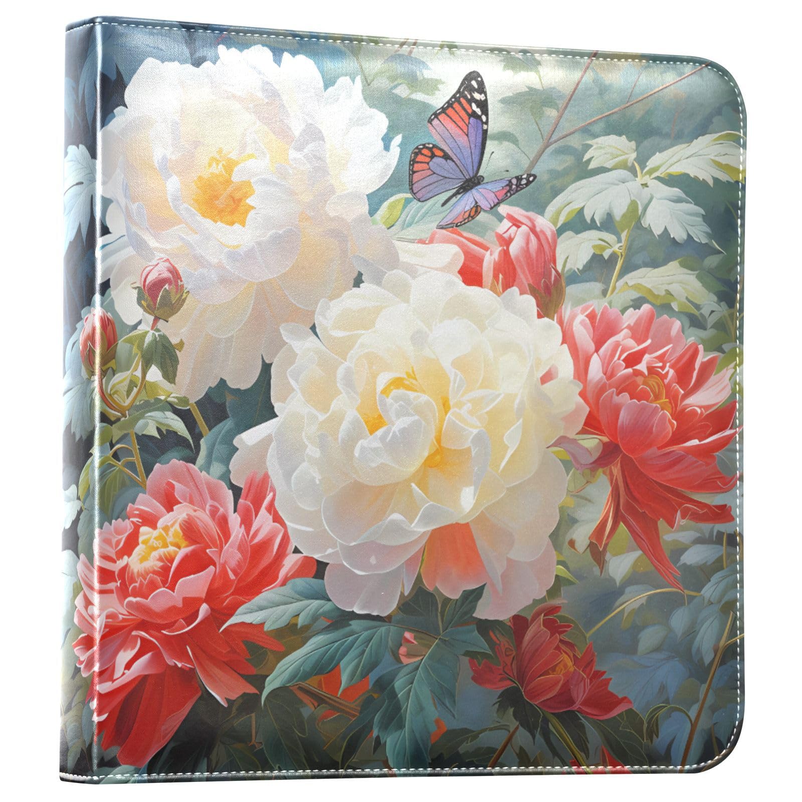 JIPONI Beautiful Peony Purple Butterfly Large Photo Album, DIY Leather Cover Scrapbook Albums for 4x6 5x7 6x8 Pictures, Self Adhesive Memory Book for Wedding, Baby, Family