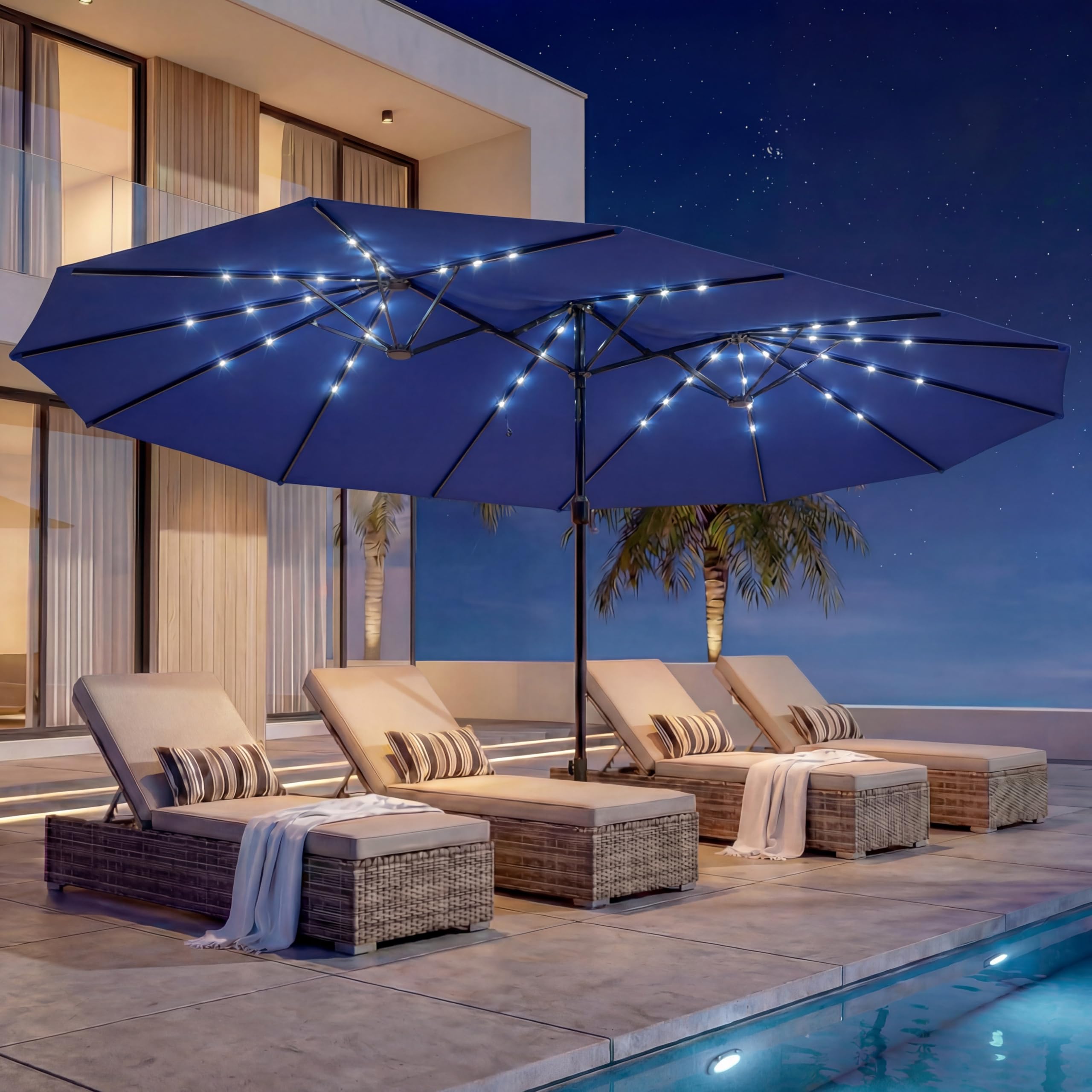 EO Living 15ft Large Patio Umbrella with Solar Lights, Double-Sided Rectangle Outdoor Umbrella with Base Included, 36 LED Lights Table Umbrella for
