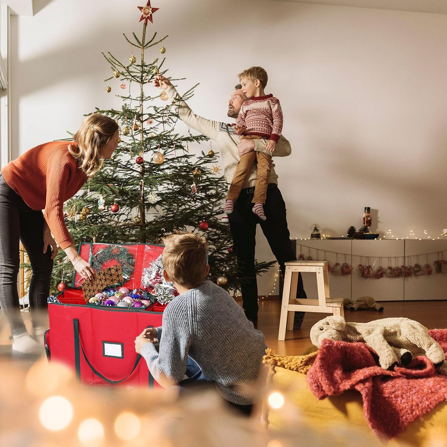 Christmas Ornament Storage Box with Adjustable Dividers, Holiday Xmas Ornaments Box with Lid, Double-Sided Trays with Durable Zippers for Seasonal Use (Red_02)
