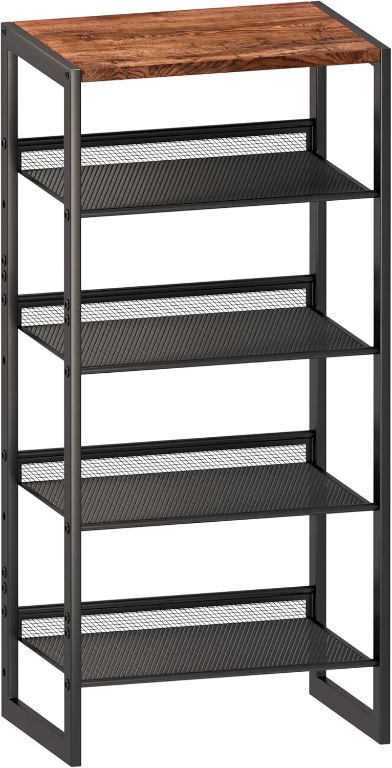 CHEMPFR Narrow 5-Tier Shoe Rack, Slim Space-Saving Shelf with Decorative Wood Top & Steel Mesh, Entryway/Closet/Dorm Organizer, 16.5x11.8x36 Inches
