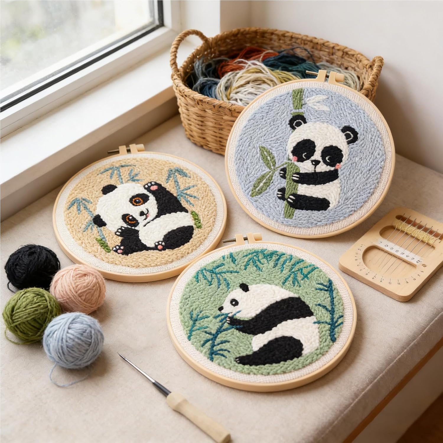Joyeee Punch Needle Embroidery Starter Kit, Adults Beginners Friendly Craft Xmas Gift Idea with 3 Bamboo Panda Designs, Includes 20cm Hoops, Punch Needle Fabric, Yarns, English Instructions and Tools