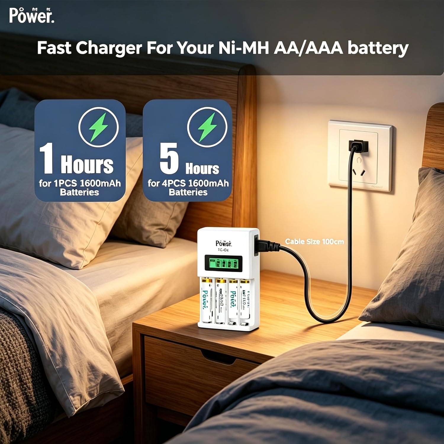 DMK POWER 4-Pack 2800mAh AA Rechargeable Batteries + 4-Slot LCD Fast Intelligent Charger & 1m Power Cord, 1.2V Ni-MH High Capacity Double A Battery Pack for Controller Camera Speedlite Toys Torch