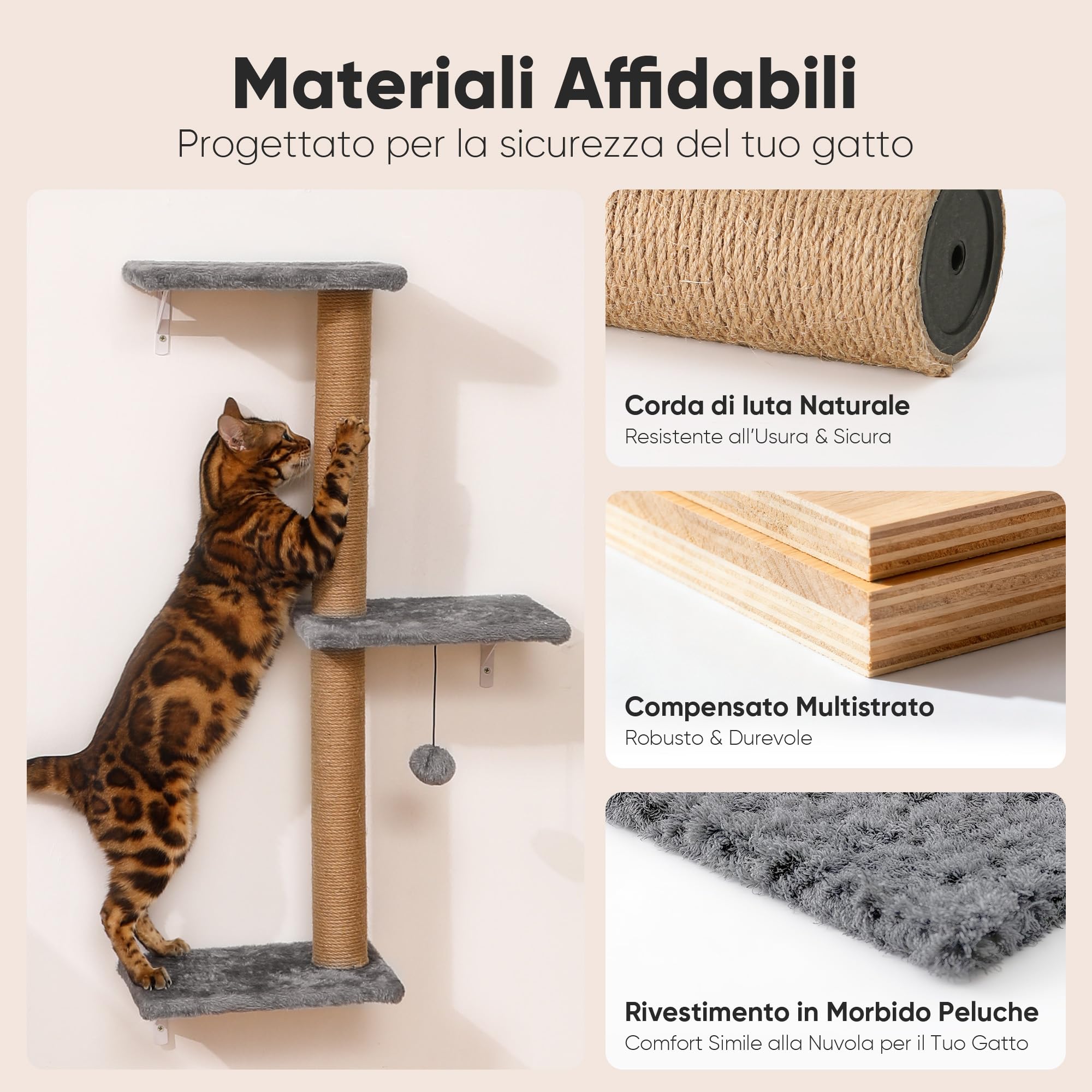 FUKUMARU Mensole per Gatti da Parete, Set di Mobili da Parete per Gatti Stabile e Sicuro, Albero da Arrampicata in Legno Rinforzato con Palo Tiragraffi e Giocattolo per Gatti - Grigio
