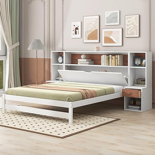 Miniatura 48 de Cama de plataforma de tamaño Queen con cabecero y cajones, marco de cama de plataforma de madera maciza con estantes, puertos USB y enchufes, marco