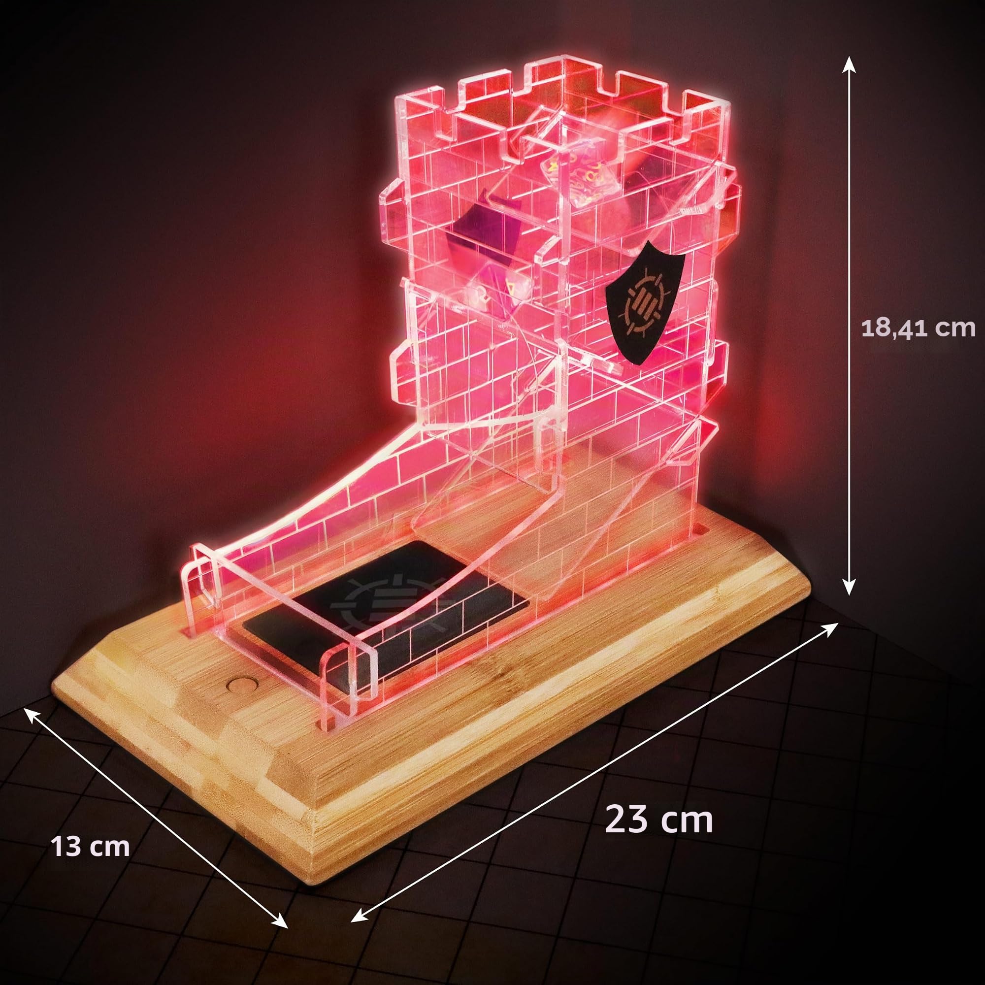 ENHANCE Tour de dés LED avec 7 dés RPG – Ensemble de dés Transparents, Tour LED avec Base en Bambou et Design Château, Roule Jusqu'à 14 dés Standard à la Fois – Idéal pour Soirées de Jeu